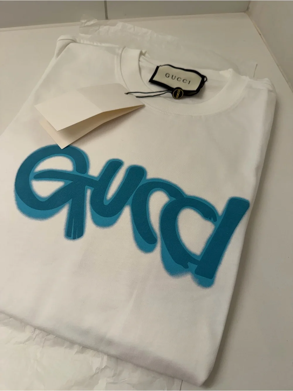 Gucci White Logo T-Shirt Blue Graphic Logo